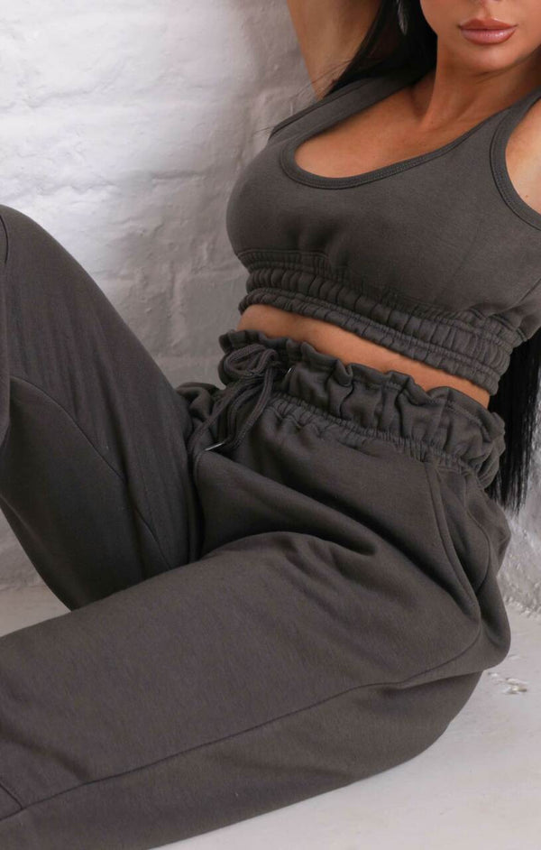 Femme Luxe Charcoal Oversized Sleeveless Crop Top & Drawstring Waist Joggers Co-ord - Alisha