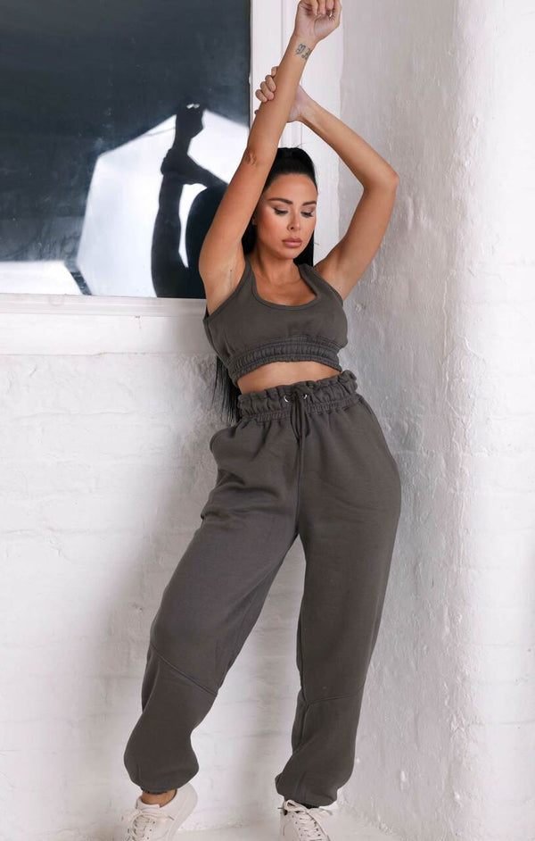 femme luxe Charcoal Oversized Sleeveless Crop Top & Drawstring Waist Joggers Co-ord - Alisha
