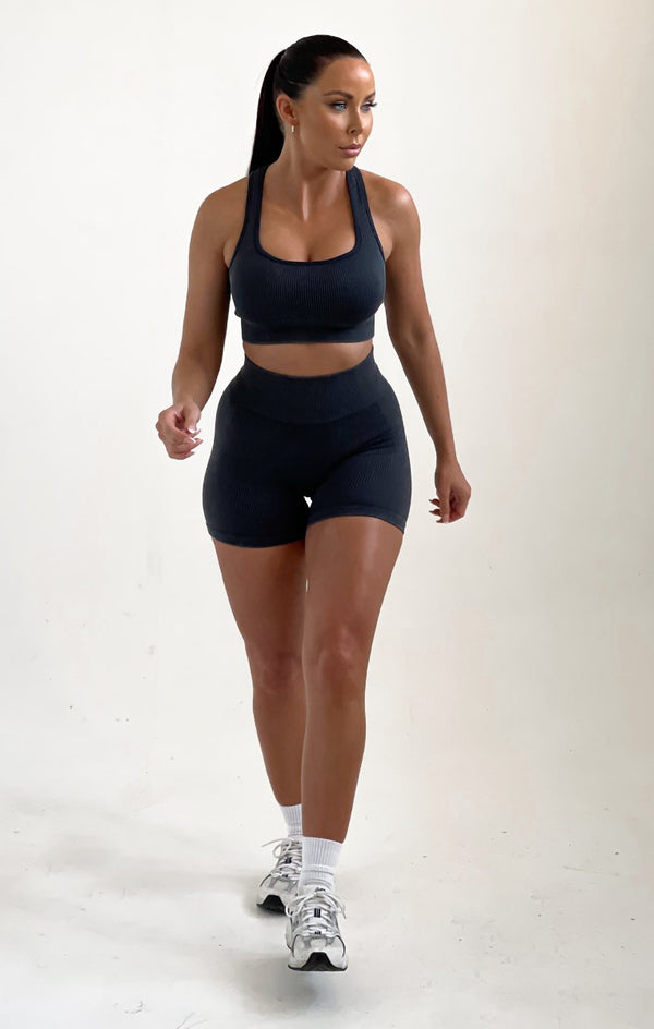 Femme Luxe Charcoal Racer Back Crop Top And Fitted Shorts Activewear Set - Scarlett