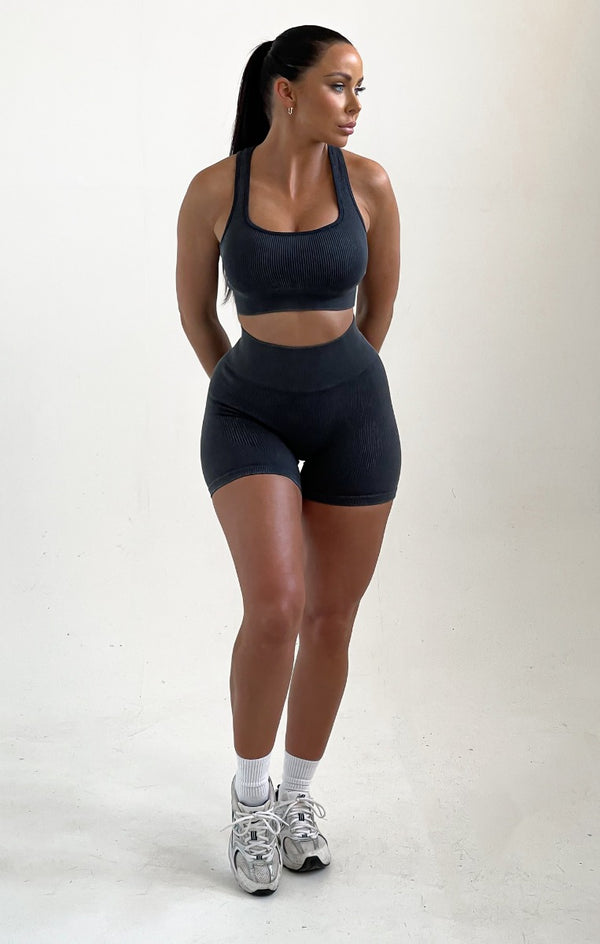 femme luxe Charcoal Racer Back Crop Top And Fitted Shorts Activewear Set - Scarlett