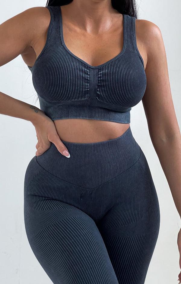 Femme Luxe Charcoal Ribbed Detail Crop Top And Leggings Activewear Set - Retta