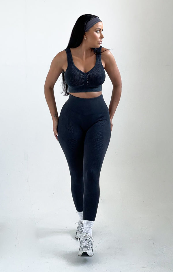 Femme Luxe Charcoal Ribbed Detail Crop Top And Leggings Activewear Set - Retta