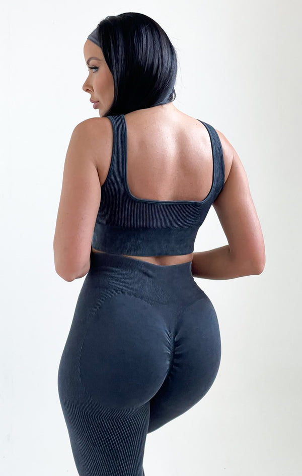 Femme Luxe Charcoal Ribbed Detail Crop Top And Leggings Activewear Set - Retta