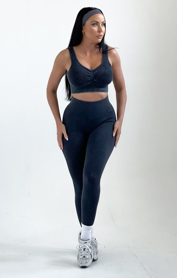 femme luxe Charcoal Ribbed Detail Crop Top And Leggings Activewear Set - Retta