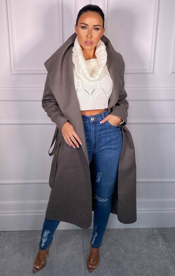 Femme Luxe Charcoal Waterfall Duster Belted Long Coat - Pola