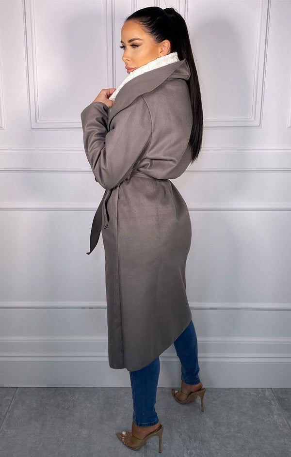 Femme Luxe Charcoal Waterfall Duster Belted Long Coat - Pola