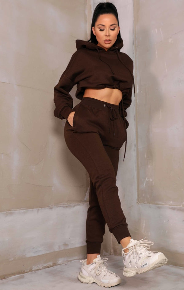 Femme Luxe Chocolate Boxy Cropped Hoodie Cuffed Joggers Loungewear Set - Cailleigh