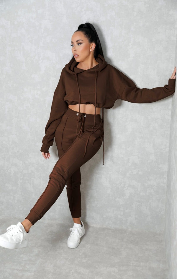 femme luxe Chocolate Boxy Cropped Hoodie Cuffed Joggers Loungewear Set - Cailleigh