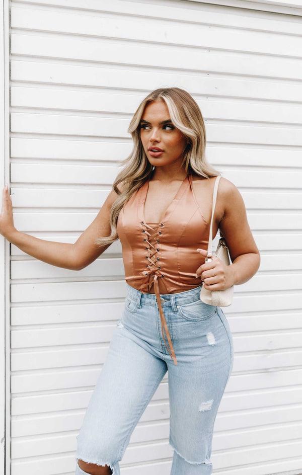 Femme Luxe Chocolate Halterneck Lace Up Crop Top - Lulu