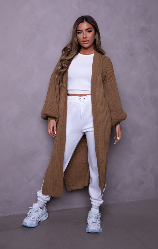 femme luxe Chocolate Knitted Balloon Sleeve Side Split Longline Midi Cardigan- Emmy