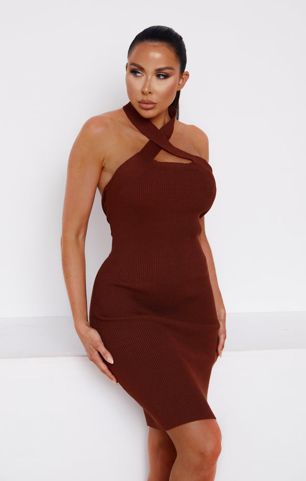 Femme Luxe Chocolate Knitted Cut Out Crossover Halter Neck Bodycon Mini Dress - Elena