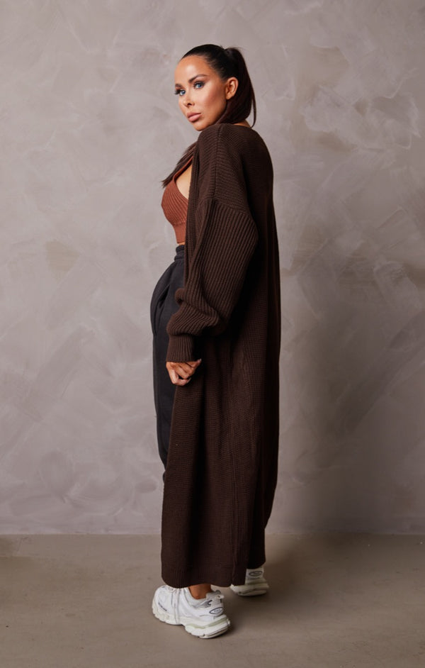 Femme Luxe Chocolate Knitted Long Balloon Sleeve Longline Cardigan - June