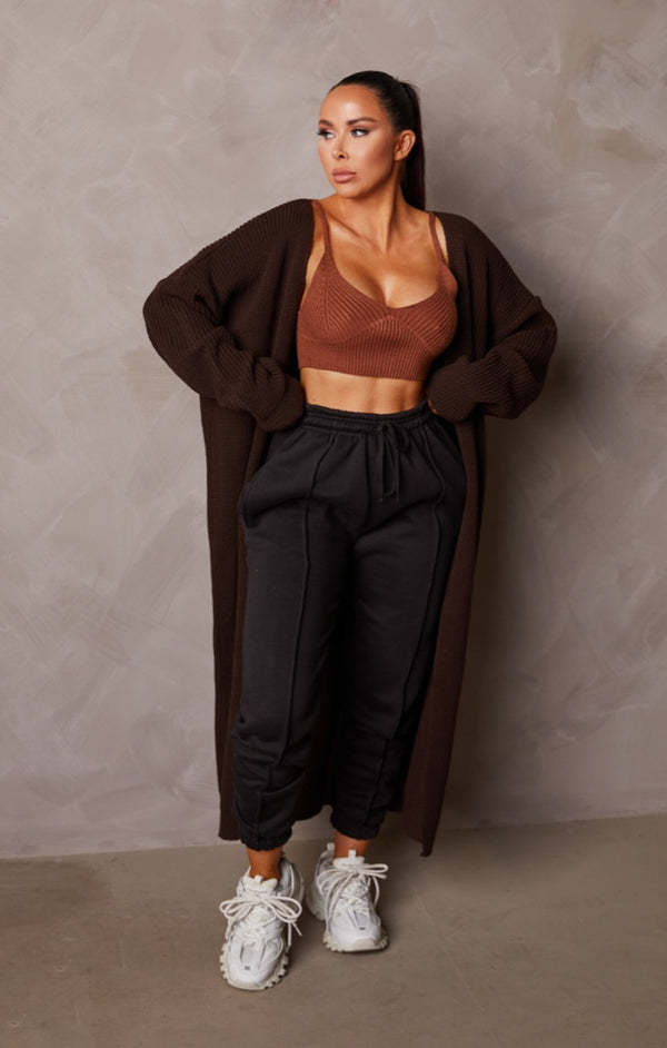 Femme Luxe Chocolate Knitted Long Balloon Sleeve Longline Cardigan - June