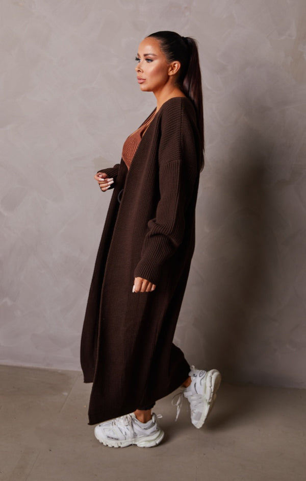 Femme Luxe Chocolate Knitted Long Balloon Sleeve Longline Cardigan - June