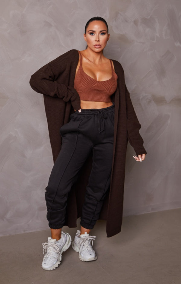 femme luxe Chocolate Knitted Long Balloon Sleeve Longline Cardigan - June
