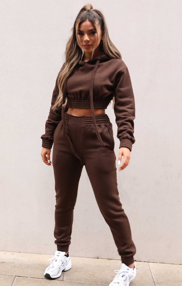Femme Luxe Chocolate Long Sleeve Crop Hoodie High Waisted Joggers Shirred Detail Fleece Loungewear Set - Costella