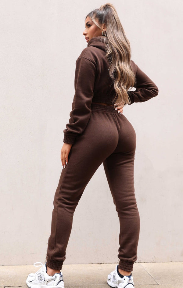 Femme Luxe Chocolate Long Sleeve Crop Hoodie High Waisted Joggers Shirred Detail Fleece Loungewear Set - Costella