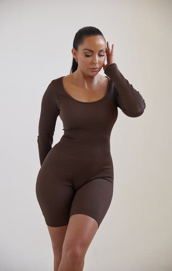 Femme Luxe Chocolate Long Sleeve Plunge Fitted Unitard - Rahma