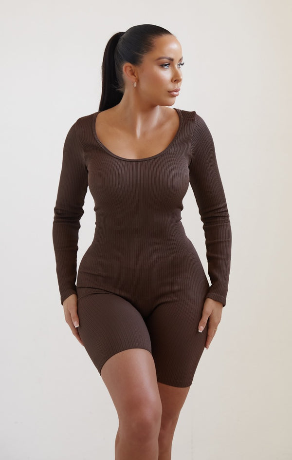 femme luxe Chocolate Long Sleeve Plunge Fitted Unitard - Rahma