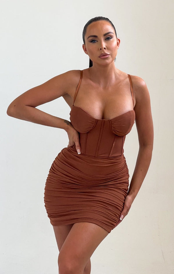 femme luxe Chocolate Mesh Ruched Corset Strappy Bodycon Mini Dress - Penny