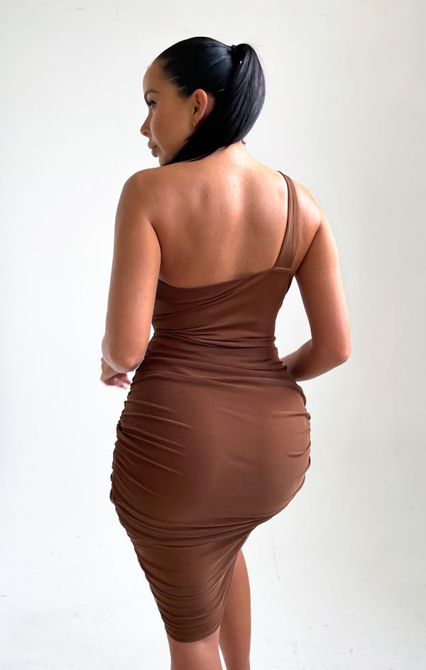 Femme Luxe Chocolate One Shoulder Cut Out Ruched Midi Dress - Bria