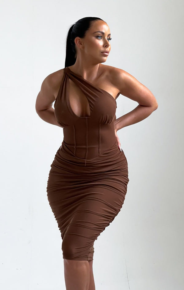 femme luxe Chocolate One Shoulder Cut Out Ruched Midi Dress - Bria
