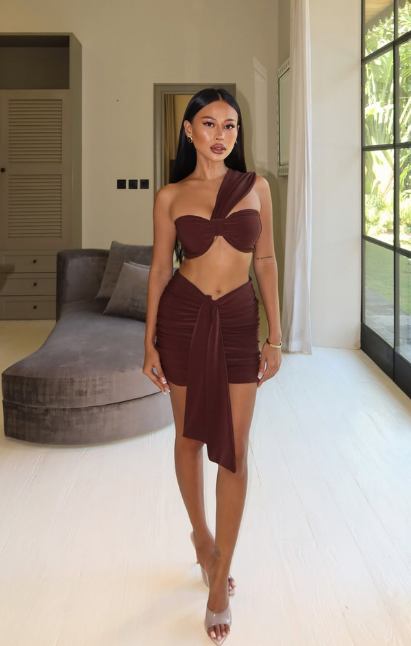 Femme Luxe Chocolate One Shoulder Knot Bralette Top - Julie