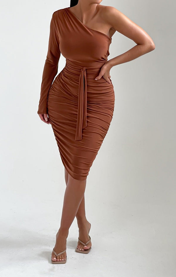 Femme Luxe Chocolate One Shoulder Ruched Slinky Midi Dress - Savannah
