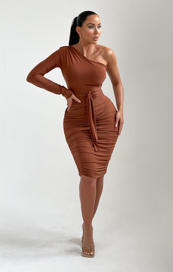 Femme Luxe Chocolate One Shoulder Ruched Slinky Midi Dress - Savannah