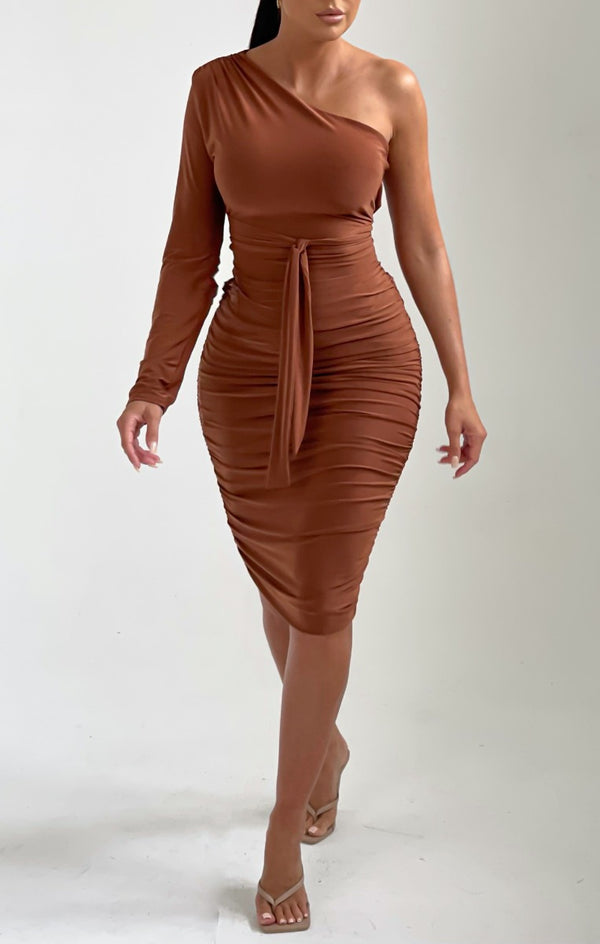 Femme Luxe Chocolate One Shoulder Ruched Slinky Midi Dress - Savannah