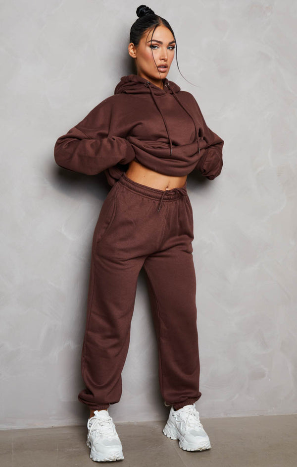 Femme Luxe Chocolate Oversized Front Pocket Pullover Hoodie Cuffed Joggers Loungewear Set - Alexia