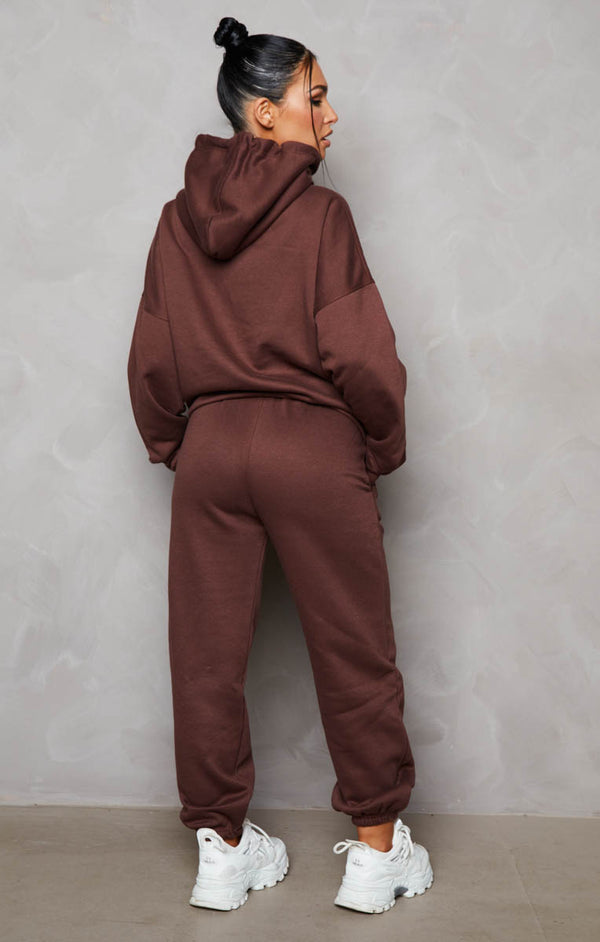 Femme Luxe Chocolate Oversized Front Pocket Pullover Hoodie Cuffed Joggers Loungewear Set - Alexia