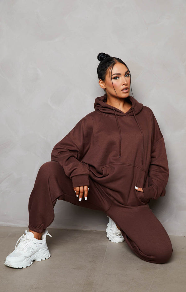 Femme Luxe Chocolate Oversized Front Pocket Pullover Hoodie Cuffed Joggers Loungewear Set - Alexia