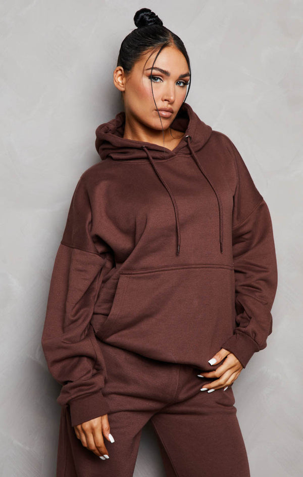 femme luxe Chocolate Oversized Front Pocket Pullover Hoodie Cuffed Joggers Loungewear Set - Alexia