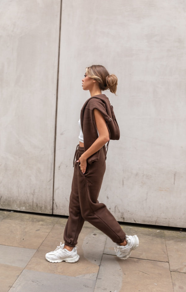 Femme Luxe Chocolate Oversized High Waisted Shirred Drawstring Pocket Detail Cuffed Joggers - Samira