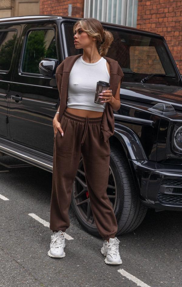 Femme Luxe Chocolate Oversized High Waisted Shirred Drawstring Pocket Detail Cuffed Joggers - Samira