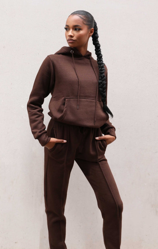 Femme Luxe Chocolate Oversized Hoodie & High Waisted Seam Front Cuffed Joggers Loungewear Set - Martha