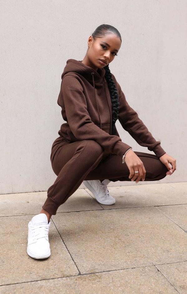 Femme Luxe Chocolate Oversized Hoodie & High Waisted Seam Front Cuffed Joggers Loungewear Set - Martha