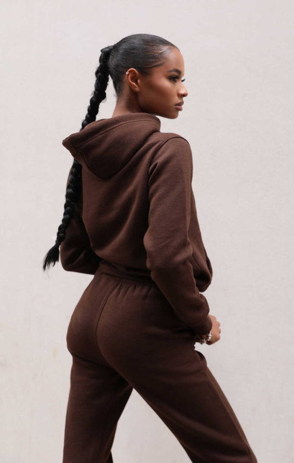 Femme Luxe Chocolate Oversized Hoodie & High Waisted Seam Front Cuffed Joggers Loungewear Set - Martha