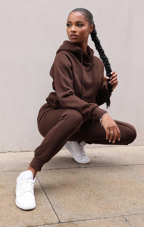 femme luxe Chocolate Oversized Hoodie & High Waisted Seam Front Cuffed Joggers Loungewear Set - Martha