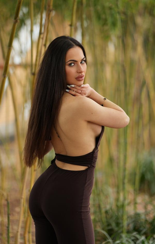 Femme Luxe Chocolate Plunge Slinky Open Back Halter Jumpsuit - Giada