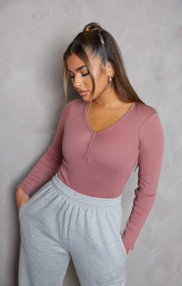 Femme Luxe Chocolate Ribbed Long Sleeve Popper Front Bodysuit - Aletta