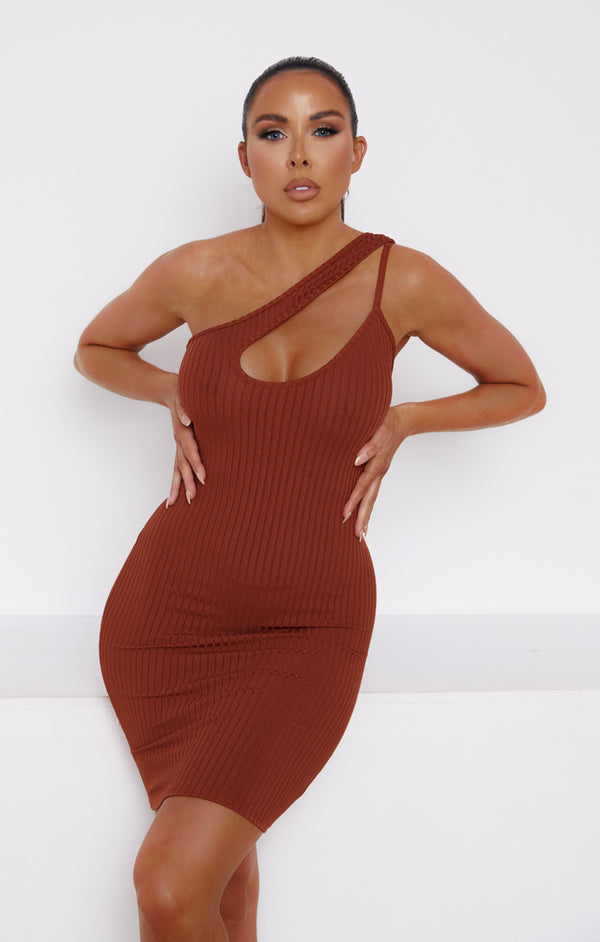 Femme Luxe Chocolate Ribbed One Shoulder Cut Out Bodycon Mini Dress - Lucia