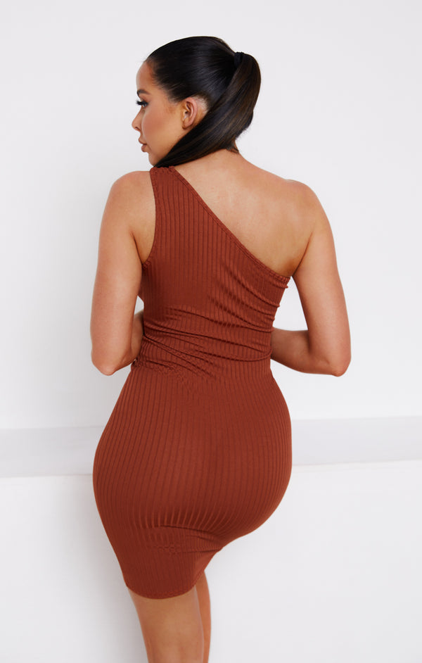 Femme Luxe Chocolate Ribbed One Shoulder Cut Out Bodycon Mini Dress - Lucia