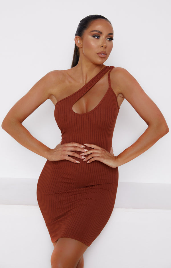 femme luxe Chocolate Ribbed One Shoulder Cut Out Bodycon Mini Dress - Lucia