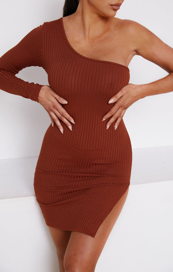Femme Luxe Chocolate Ribbed One Shoulder Long Sleeve Side Split Bodycon Mini Dress - Maren