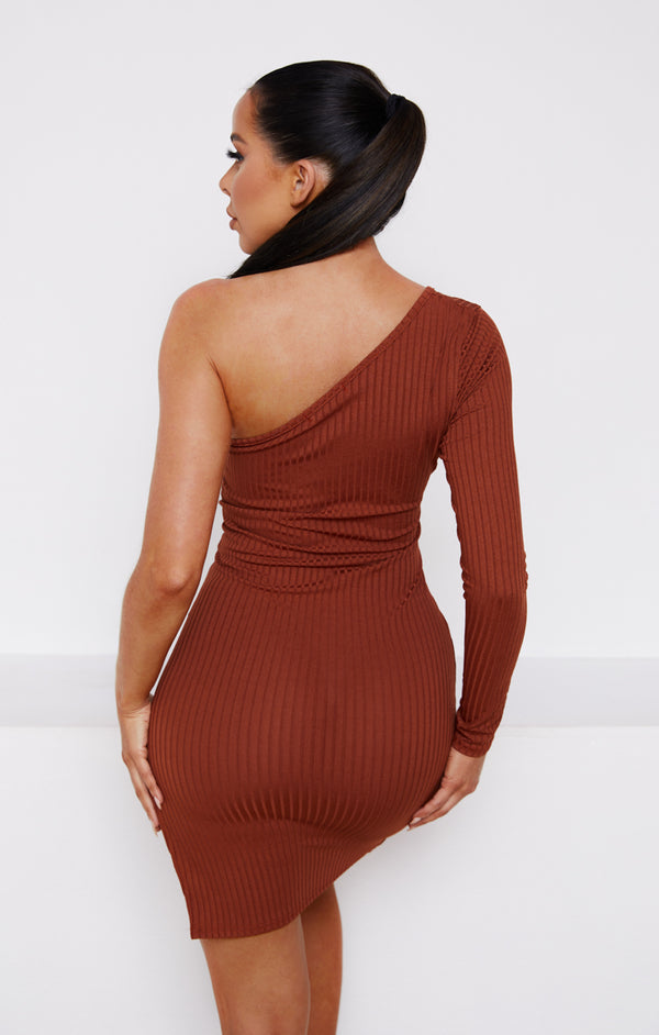 Femme Luxe Chocolate Ribbed One Shoulder Long Sleeve Side Split Bodycon Mini Dress - Maren