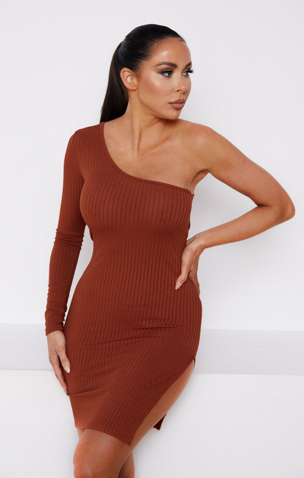 femme luxe Chocolate Ribbed One Shoulder Long Sleeve Side Split Bodycon Mini Dress - Maren