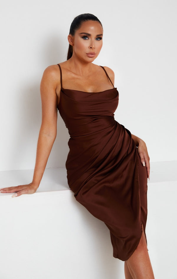 Femme Luxe Chocolate Satin Cowl Neck Asymmetric Split Strappy Bodycon Midi Dress - Cailleigh