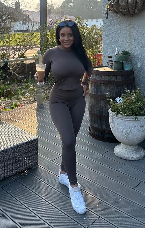 Femme Luxe Chocolate Stretch Long Sleeve Top And Leggings Activewear Set - Elara